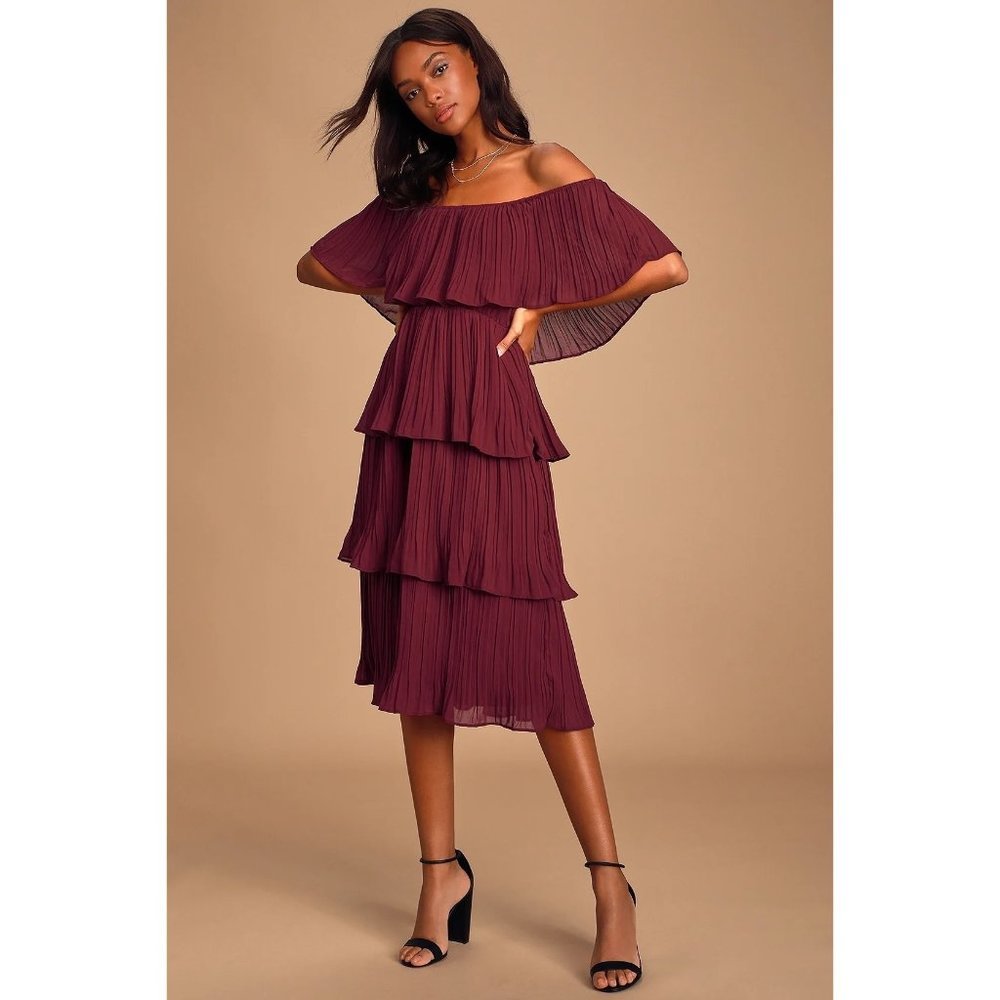 Lulu's Off-Shoulder Tiered Pleated Midi Dress in Wine